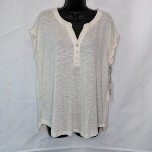 NEW Three Dots Textured Henley Tee Womens Medium M Cream Top T Shirt Casual G12X